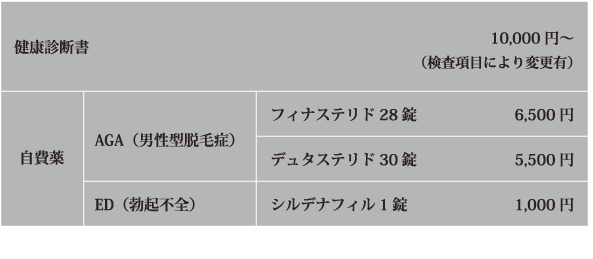 健康診断書10,000円～（検査項目により変更有）、AGA（男性型脱毛症）デュタステリド28錠6,500円、フィナステリド30錠5,500円、ED（勃起不全）シルデナフィル1錠1,000円※価格は税込です。